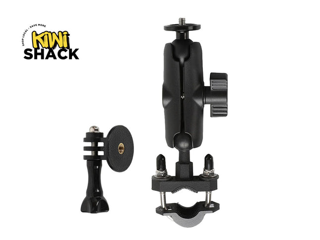 Black camera mount with adjustable arm on a white background, featuring the Kiwi Shack logo.