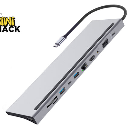A silver aluminum USB-C hub with a black cable, shown at an angle on a white background with a Kiwi Shack logo in the top-left corner.