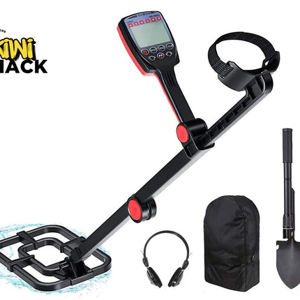 Metal detector with accessories on a white background, featuring the Kiwi Shack brand.