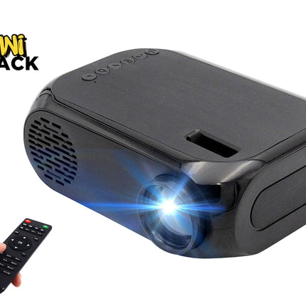 Black portable projector with remote control on a white background, featuring the Kiwi Shack brand.