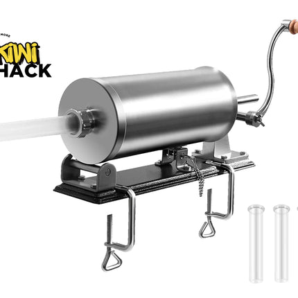 Manual juicer with metal cylinder and wooden handle on a white background, featuring Kiwi Shack logo.