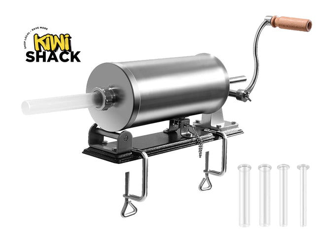 Manual juicer with metal cylinder and wooden handle on a white background, featuring Kiwi Shack logo.