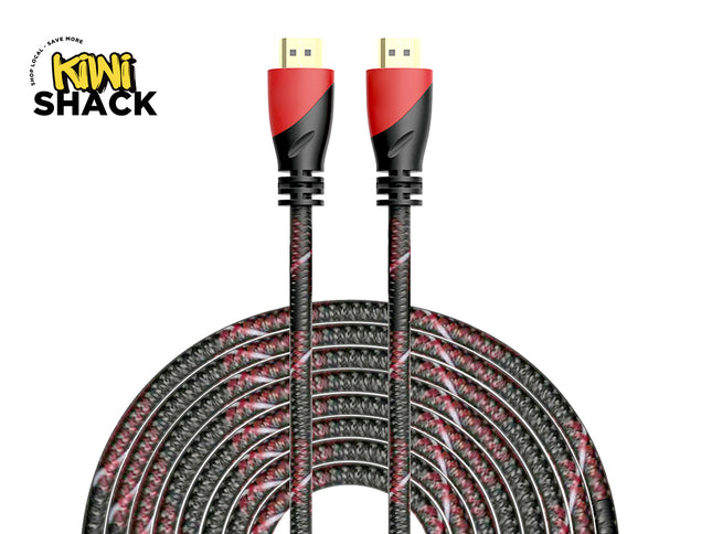 A neatly coiled black and red braided HDMI cable featuring gold-plated connectors with black and red housings, with the "Kiwi Shack" logo in the top-left corner.