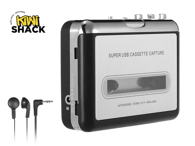 Super USB cassette capture device with earphones on a white background, featuring the Kiwi Shack logo.