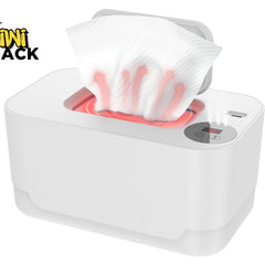 A white electronic baby wipe warmer box with an open lid, showing a tissue being heated with graphic heat waves and a digital temperature display on top, set against a white background with the "Kiwi Shack" logo in the top left corner.