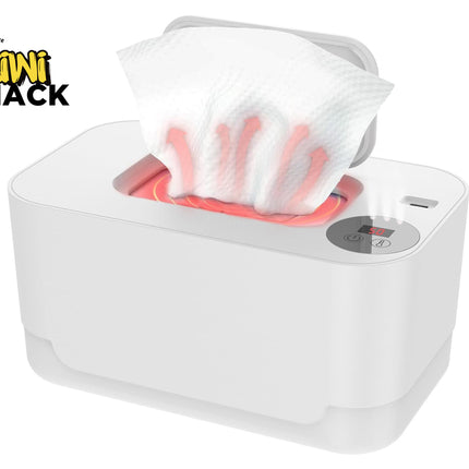 A white electronic baby wipe warmer box with an open lid, showing a tissue being heated with graphic heat waves and a digital temperature display on top, set against a white background with the "Kiwi Shack" logo in the top left corner.