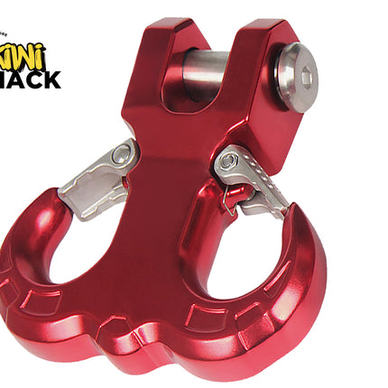 Red metal clevis hook with silver eyelet on a white background, branded 'Kiwi Shack'.