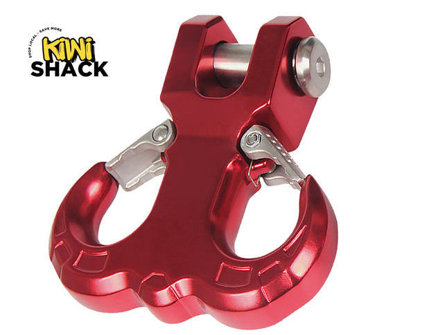 Red metal clevis hook with silver eyelet on a white background, branded 'Kiwi Shack'.