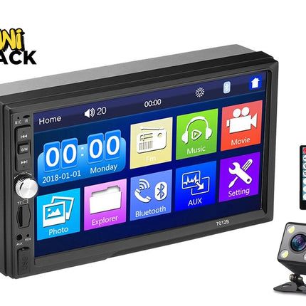 Car multimedia system with touchscreen display, camera, and remote control on a white background.