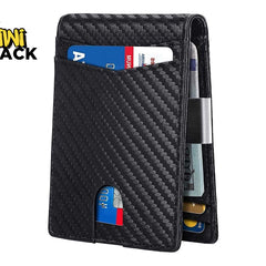 Carbon fiber wallet with cards on a white background, featuring the Kiwi Shack brand.