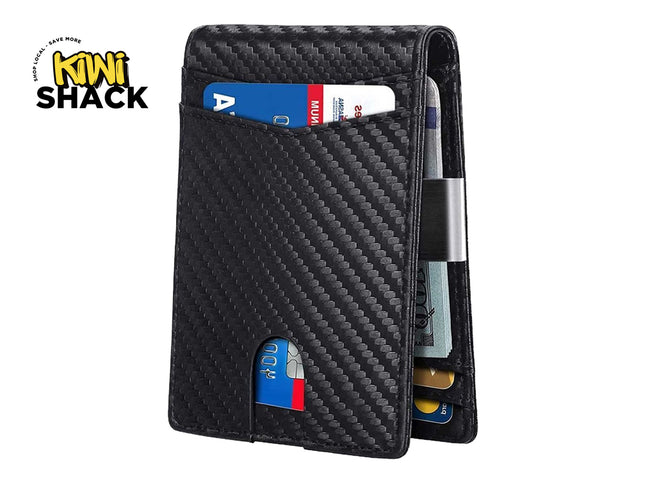 Carbon fiber wallet with cards on a white background, featuring the Kiwi Shack brand.