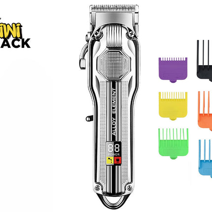 Kiwi Shack professional cordless hair clipper with digital LED power display, metal alloy body, and colorful limit guard combs.