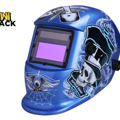Blue welding helmet with skull design on a white background, featuring the Kiwi Shack brand.