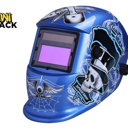 Blue welding helmet with skull design on a white background, featuring the Kiwi Shack brand.