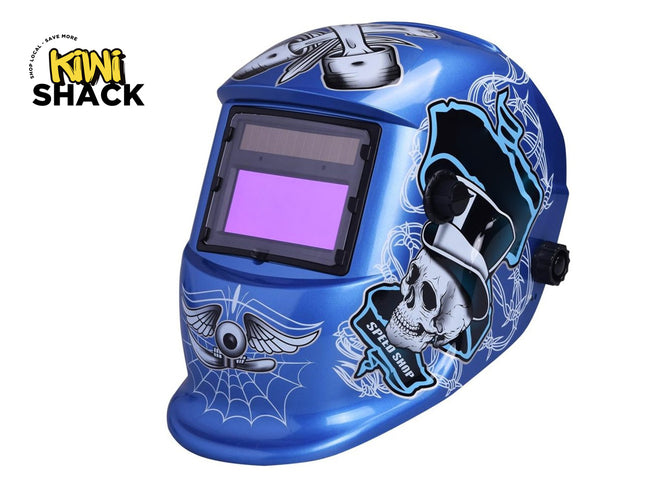 Blue welding helmet with skull design on a white background, featuring the Kiwi Shack brand.