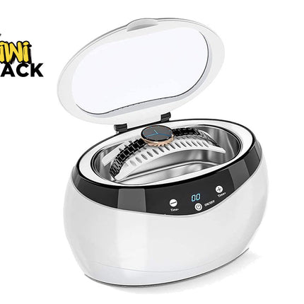 Ultrasonic cleaner with a watch inside, branded 'Kiwi Shack'.