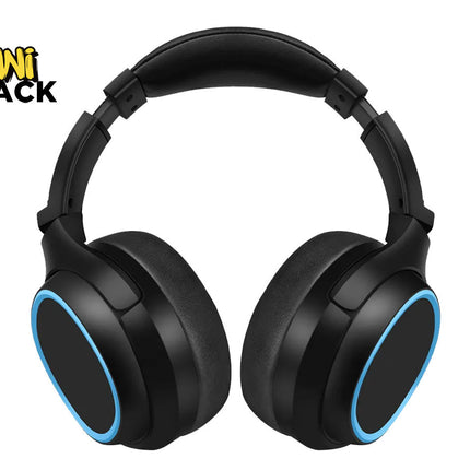 A pair of black over-ear wireless headphones with thick cushioned ear pads, a padded headband, and vibrant blue ring accents on the outer earcups, featuring a "Kiwi Shack" logo in the top left corner.