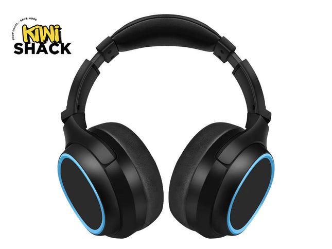A pair of black over-ear wireless headphones with thick cushioned ear pads, a padded headband, and vibrant blue ring accents on the outer earcups, featuring a "Kiwi Shack" logo in the top left corner.