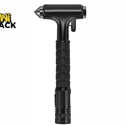 Black multi-function emergency escape tool featuring a spring-loaded window glass breaker point, textured grip handle, and integrated tactical light or cutter element, branded with the "Kiwi Shack" logo in the top-left corner.