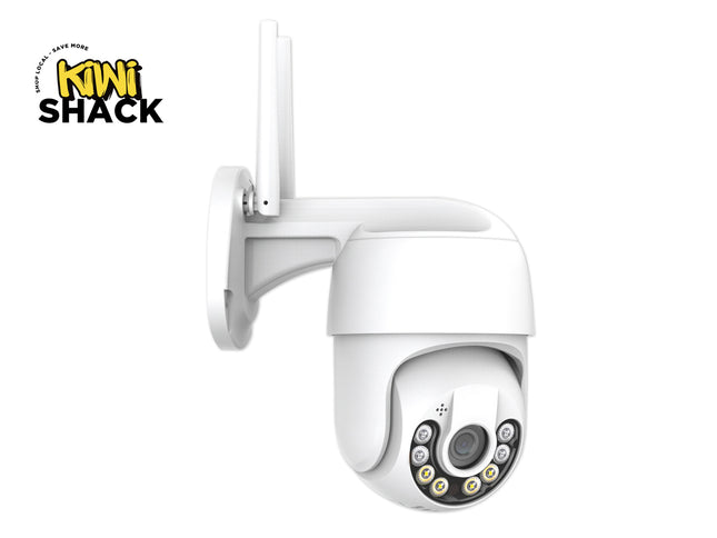 A white outdoor dome security camera with an integrated antenna and a circular array of infrared LEDs on the front, shown against a plain white background with a Kiwi Shack logo in the top-left corner.