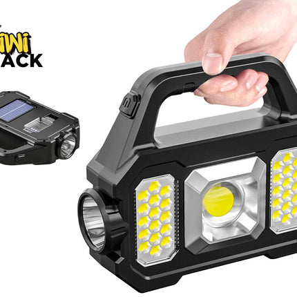 Handheld flashlight with multiple lights and a hand holding it, branded as Kiwi Shack.