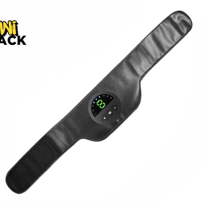A black electronic fitness toning belt featuring a central control panel with a digital display screen and control buttons, with a "Kiwi Shack" logo in the top left corner.