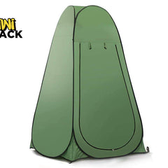 A portable green pop-up privacy tent used for changing or showering outdoors, featuring the "Kiwi Shack" logo in the top-left corner.
