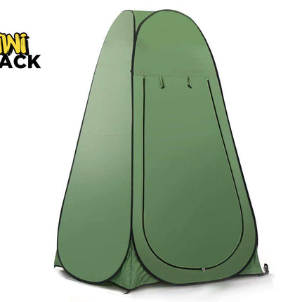 A portable green pop-up privacy tent used for changing or showering outdoors, featuring the "Kiwi Shack" logo in the top-left corner.