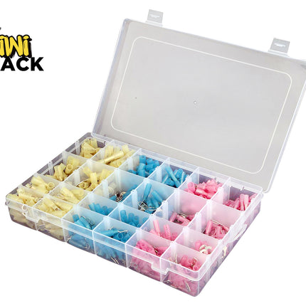 Clear transparent plastic storage organizer box filled with assorted color-coded insulated electrical crimp terminals (yellow, blue, and pink/red compartments), featuring a hinged clear lid and the Kiwi Shack logo watermark.