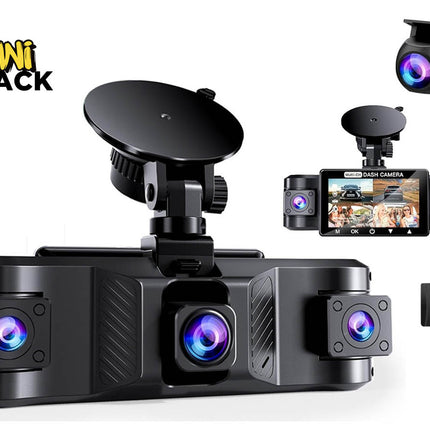 Black multi-lens multi-channel car dash camera system with suction cup mount, showing main unit with three forward/cabin-facing lenses, rear/side camera views on display insets, a separate rear camera top-right, a 64GB micro SD card, and Kiwi Shack logo in top left.