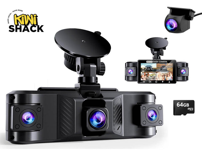 Black multi-lens multi-channel car dash camera system with suction cup mount, showing main unit with three forward/cabin-facing lenses, rear/side camera views on display insets, a separate rear camera top-right, a 64GB micro SD card, and Kiwi Shack logo in top left.