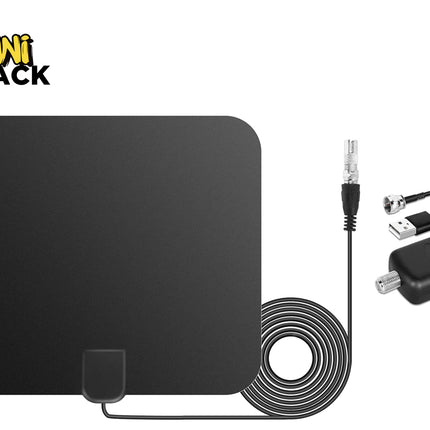 A flat, black indoor HDTV antenna with a coiled coaxial cable, a signal amplifier box, and USB power and connector cables against a white background, featuring the "Kiwi Shack" logo in the upper left corner.