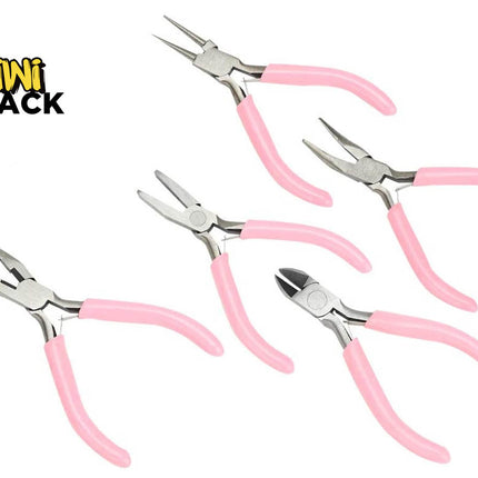 Five pairs of pink-handled metal pliers arranged on a white background, with the Kiwi Shack logo in the top-left corner.