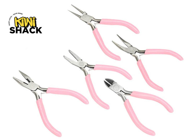 Five pairs of pink-handled metal pliers arranged on a white background, with the Kiwi Shack logo in the top-left corner.