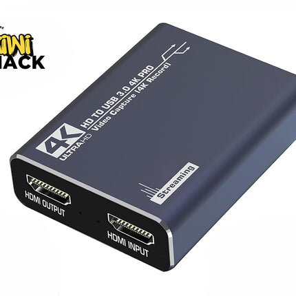 Kiwi Shack 4K Ultra HD to USB 3.0 video capture card for live streaming and recording with HDMI input and output.