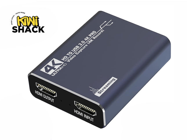 Kiwi Shack 4K Ultra HD to USB 3.0 video capture card for live streaming and recording with HDMI input and output.