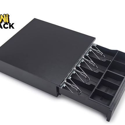 Kiwi Shack heavy-duty steel POS cash drawer with removable coin tray, bill compartments, and key lock.