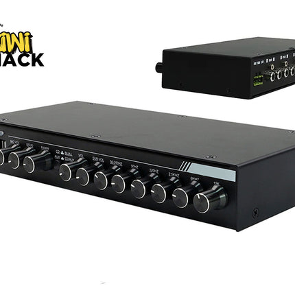 A black multi-channel audio amplifier or speaker distribution box shown from the front and side on a white background, with a Kiwi Shack logo in the top-left corner.