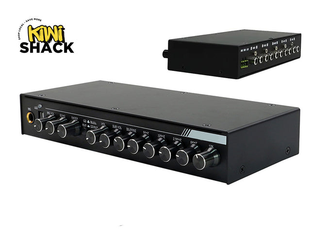 A black multi-channel audio amplifier or speaker distribution box shown from the front and side on a white background, with a Kiwi Shack logo in the top-left corner.