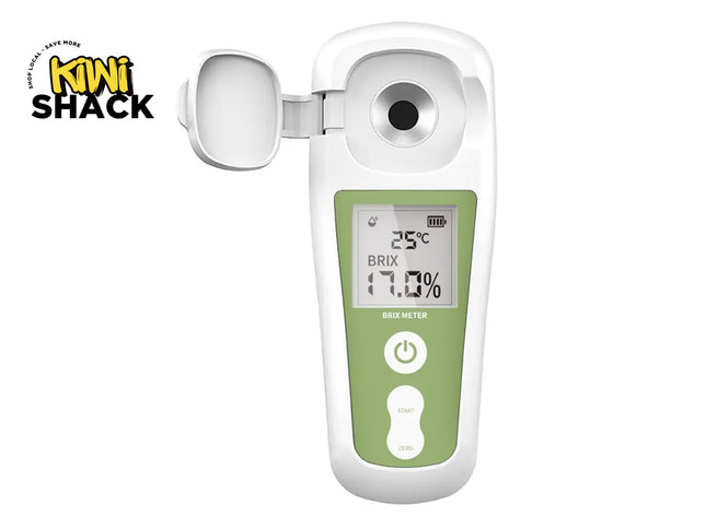 Digital device with a green display and white casing on a white background, branded 'Kiwi Shack'.