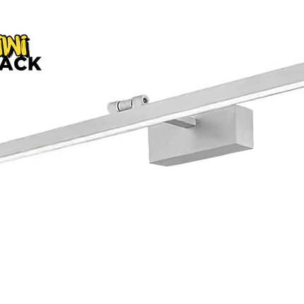 Modern linear LED vanity / picture light with a brushed silver/aluminum finish, rectangular mounting block, pivoting joint, integrated LED strip along the underside, and Kiwi Shack logo watermark.
