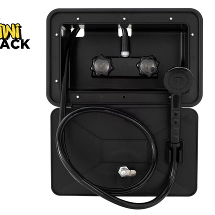 Black Kiwi Shack portable shower system with a handheld wand attachment and hose, shown open against a white background with the Kiwi Shack logo in the top-left corner.