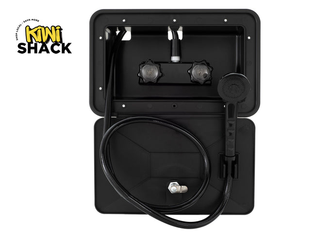 Black Kiwi Shack portable shower system with a handheld wand attachment and hose, shown open against a white background with the Kiwi Shack logo in the top-left corner.