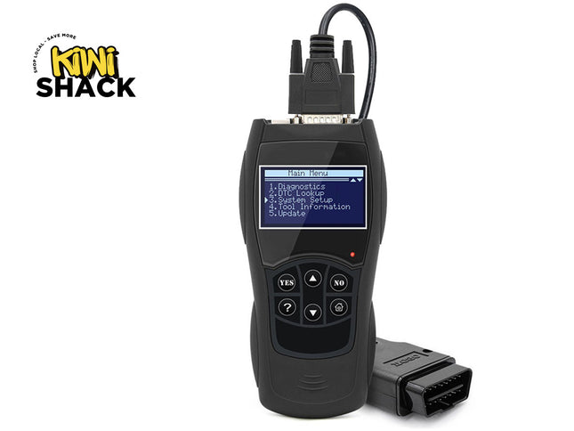 Car diagnostic tool with digital display on a white background, branded 'Kiwi Shack'.