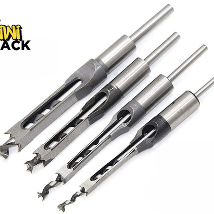 Kiwi Shack woodworking square hole mortising drill bit set with high-speed steel auger core bits.