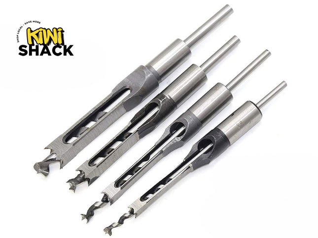 Kiwi Shack woodworking square hole mortising drill bit set with high-speed steel auger core bits.