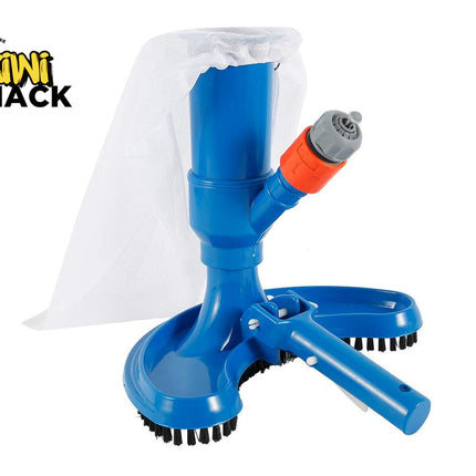 Blue pool cleaning tool with brush and nozzle, branded 'Kiwi Shack' on a white background