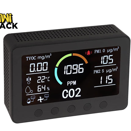 Digital air quality monitor with display on a white background, featuring the Kiwi Shack logo.