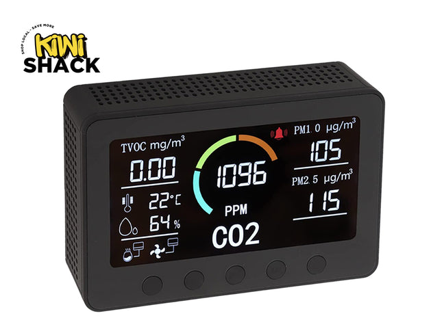 Digital air quality monitor with display on a white background, featuring the Kiwi Shack logo.