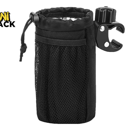 A black insulated bicycle water bottle holder with a drawstring top and an exterior mesh pocket, attached to a black handlebar clamp mount with an adjustable tightening knob, featuring a "Kiwi Shack" logo in the top left corner.